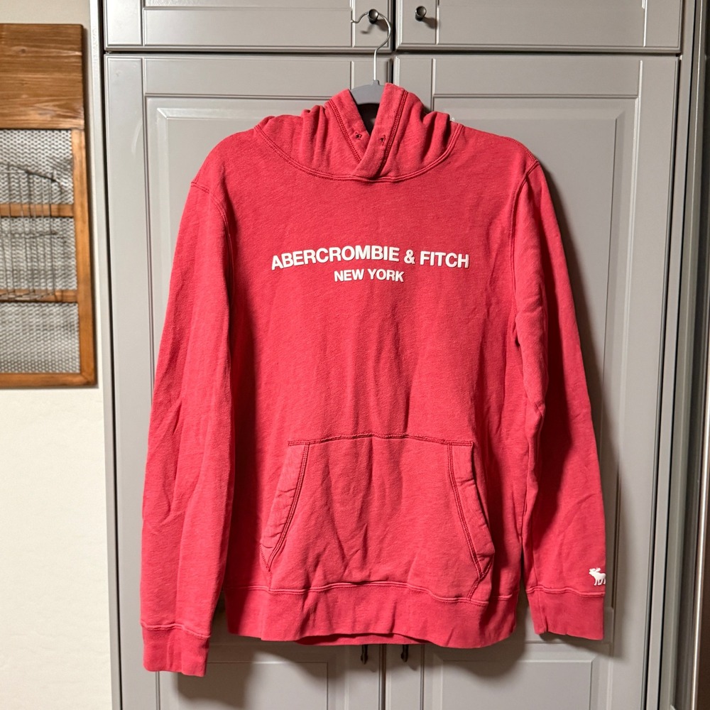 Abercrombie & Fitch Y2K Mens Athletic Fleece Logo Pullover Hoodie, Red, M
